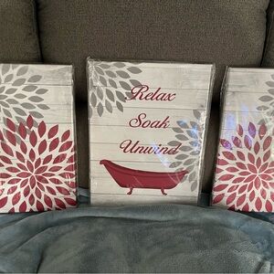 Bathroom Red and Gray Relax Soak Unwind Wall Art Set